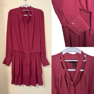 White House Black Market Burgundy mini Long Sleeve Tie Neck Blouson Dress size M